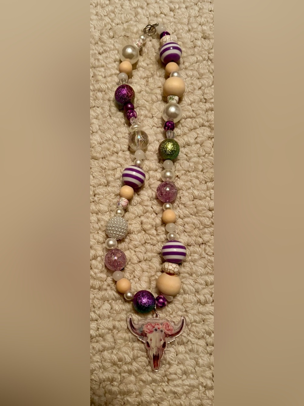 Handmade Purple & Cream Beaded Statement Necklace with Floral Bull Pendant
